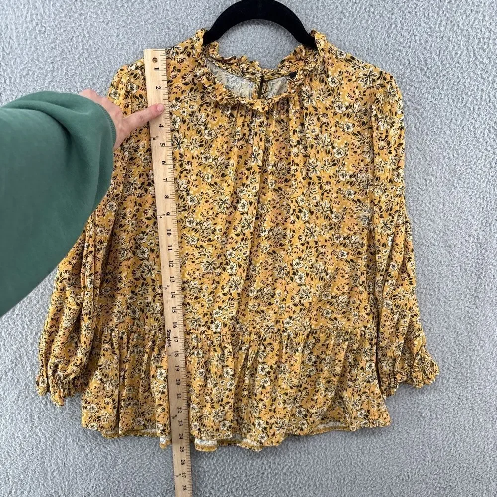 Nobody’s Child Mustard Floral Ruffle Mock Neck Peplum Blouse Long Sleeve Size 10